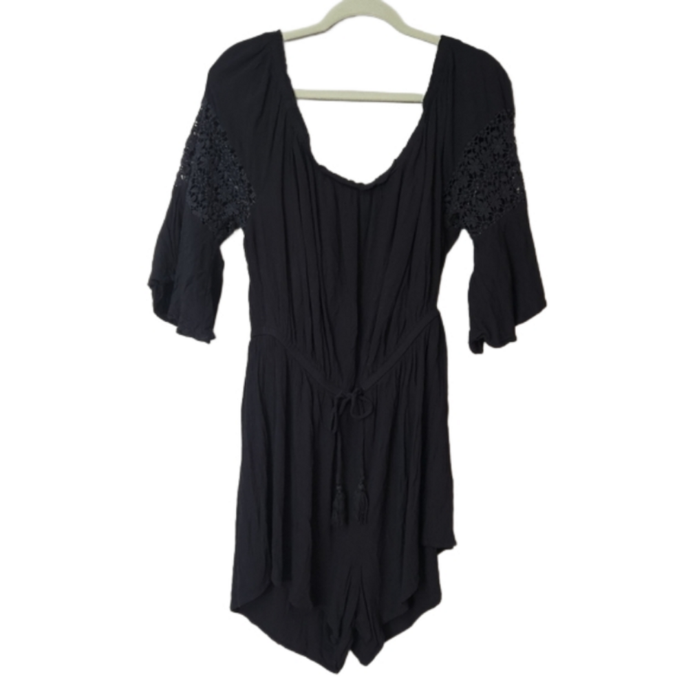 3/$25 Hint of Blush Black Romper Off Shoulder Bell Lace Sleeves Womens Size 2x